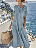 Short Sleeve Bow Pocket A-Line Maxi Dress_CWDMD02903