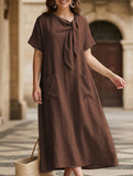 Short Sleeve Bow Pocket A-Line Maxi Dress_CWDMD02903