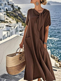 Short Sleeve Bow Pocket A-Line Maxi Dress_CWDMD02903