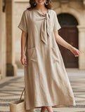 Short Sleeve Bow Pocket A-Line Maxi Dress_CWDMD02903