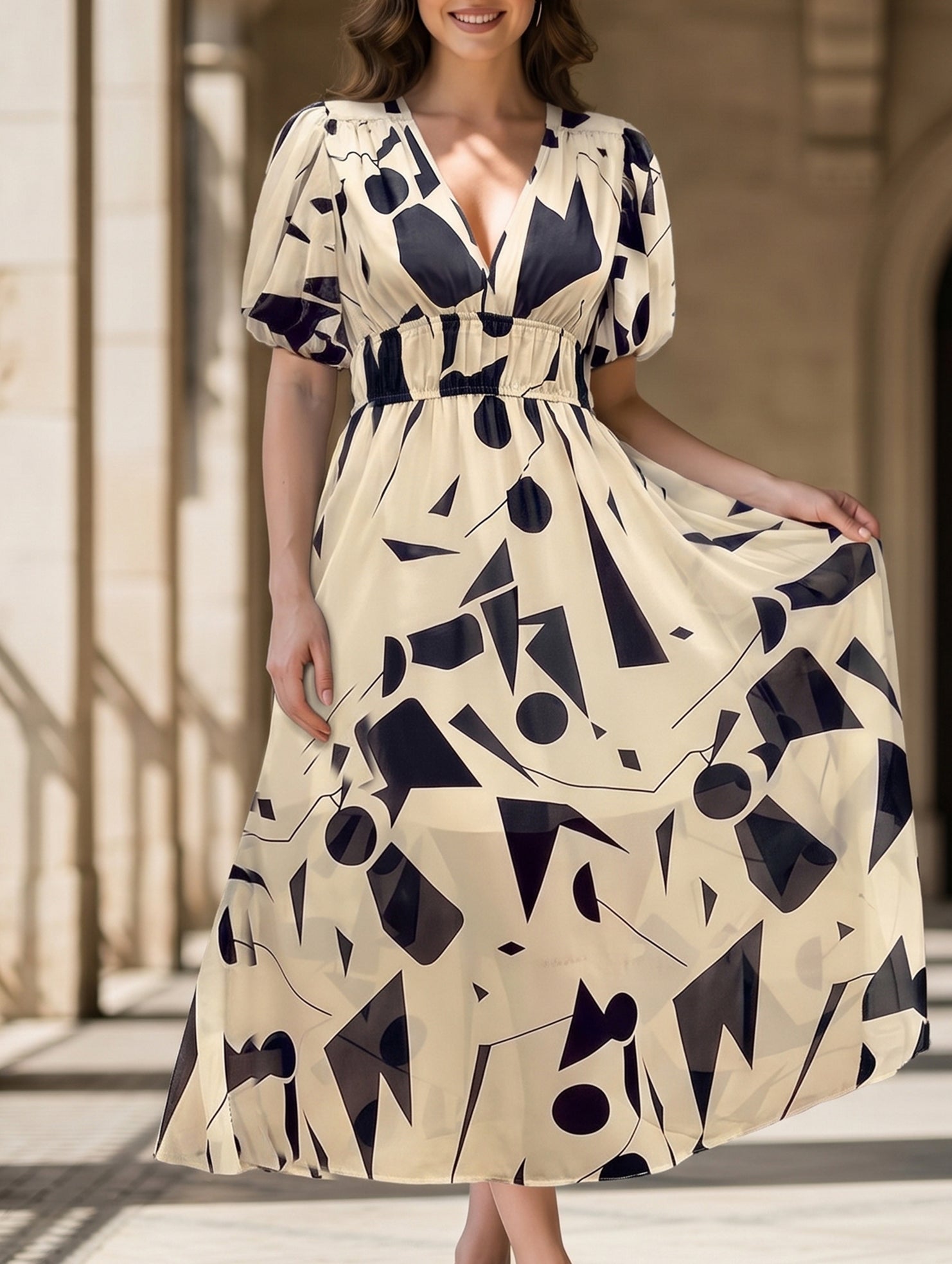 Women's apricot geometric print V neck cinched waist maxi dress - puff sleeve elegant dress