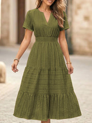 V Neck Ruched Puff Sleeve Dress