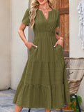 V Neck Ruched Puff Sleeve Dress