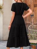 V Neck Ruched Puff Sleeve Dress