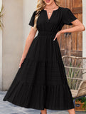 V Neck Ruched Puff Sleeve Dress