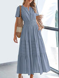 V Neck Ruched Puff Sleeve Dress
