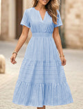 V Neck Ruched Puff Sleeve Dress