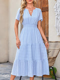 V Neck Ruched Puff Sleeve Dress