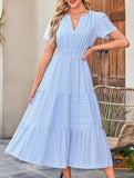 V Neck Ruched Puff Sleeve Dress