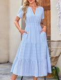V Neck Ruched Puff Sleeve Dress