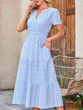 V Neck Ruched Puff Sleeve Dress