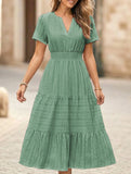 V Neck Ruched Puff Sleeve Dress