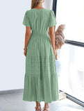 V Neck Ruched Puff Sleeve Dress