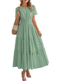 V Neck Ruched Puff Sleeve Dress