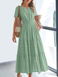 V Neck Ruched Puff Sleeve Dress