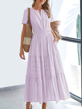 V Neck Ruched Puff Sleeve Dress