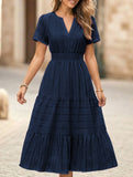 V Neck Ruched Puff Sleeve Dress