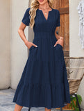 V Neck Ruched Puff Sleeve Dress