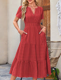 V Neck Ruched Puff Sleeve Dress
