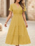 V Neck Ruched Puff Sleeve Dress