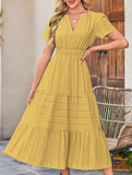 V Neck Ruched Puff Sleeve Dress
