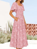 Square Neck Boho Floral Midi Dress_CWDMD02939