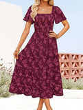 Square Neck Boho Floral Midi Dress_CWDMD02939