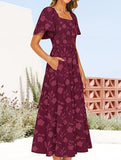 Square Neck Boho Floral Midi Dress_CWDMD02939