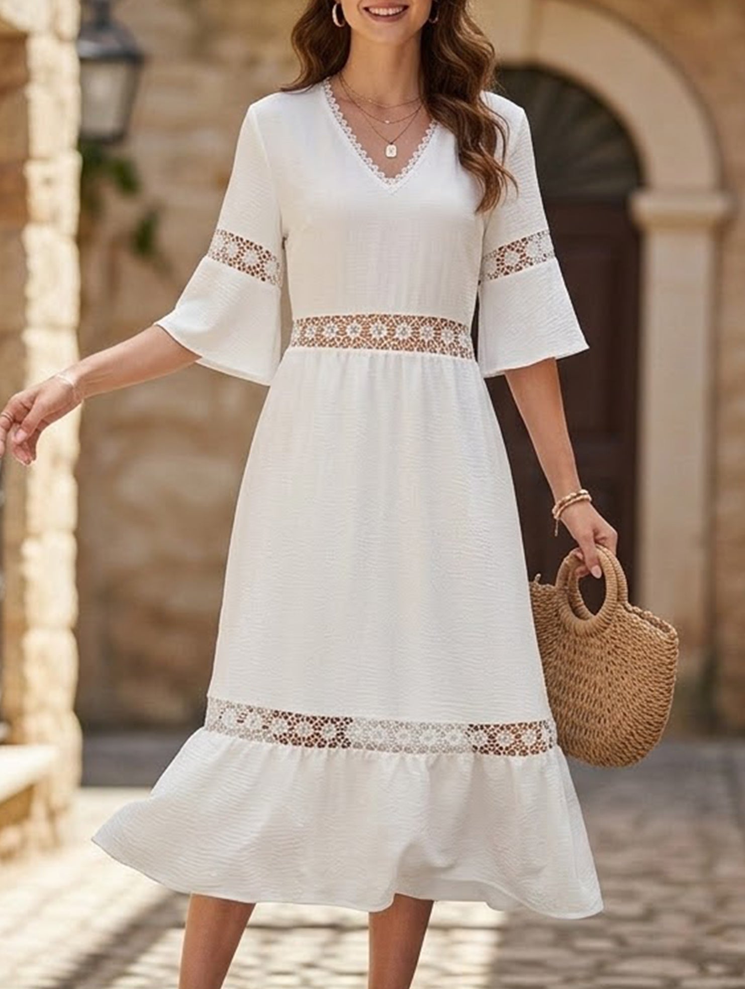 Women's white V neck hollow lace detail short sleeve midi dress - summer casual dress