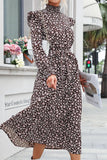 HIGH NECK FLORAL PATTERNED LONG DRESS - Doublju