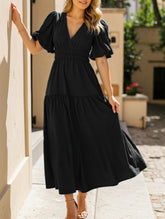 Solid Color Dark V Lantern Sleeve Dress