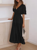 Solid Color Dark V Lantern Sleeve Dress