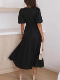 Solid Color Dark V Lantern Sleeve Dress