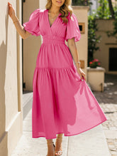 Solid Color Dark V Lantern Sleeve Dress