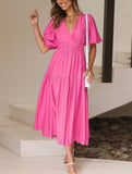 Solid Color Dark V Lantern Sleeve Dress