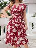 V-Neck Belted Oversized Red Dress – Plus Size Statement Piece
