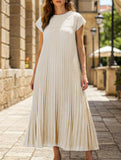 Elegant fashion round neck sleeveless pleated long dress-CWDMD2182