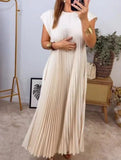 Elegant fashion round neck sleeveless pleated long dress-CWDMD2182