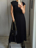 Elegant fashion round neck sleeveless pleated long dress-CWDMD2182