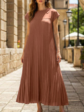 Elegant fashion round neck sleeveless pleated long dress-CWDMD2182