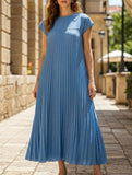 Elegant fashion round neck sleeveless pleated long dress-CWDMD2182