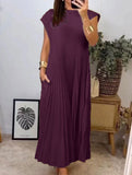 Elegant fashion round neck sleeveless pleated long dress-CWDMD2182