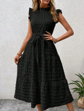 Ruffled Flutter Sleeve Tie Textured Dress