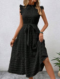 Ruffled Flutter Sleeve Tie Textured Dress