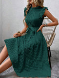 Ruffled Flutter Sleeve Tie Textured Dress