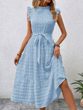 Ruffled Flutter Sleeve Tie Textured Dress