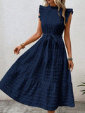 Ruffled Flutter Sleeve Tie Textured Dress