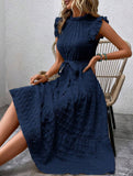 Ruffled Flutter Sleeve Tie Textured Dress