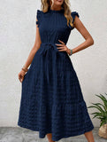 Ruffled Flutter Sleeve Tie Textured Dress