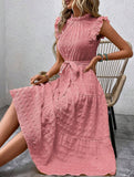Ruffled Flutter Sleeve Tie Textured Dress